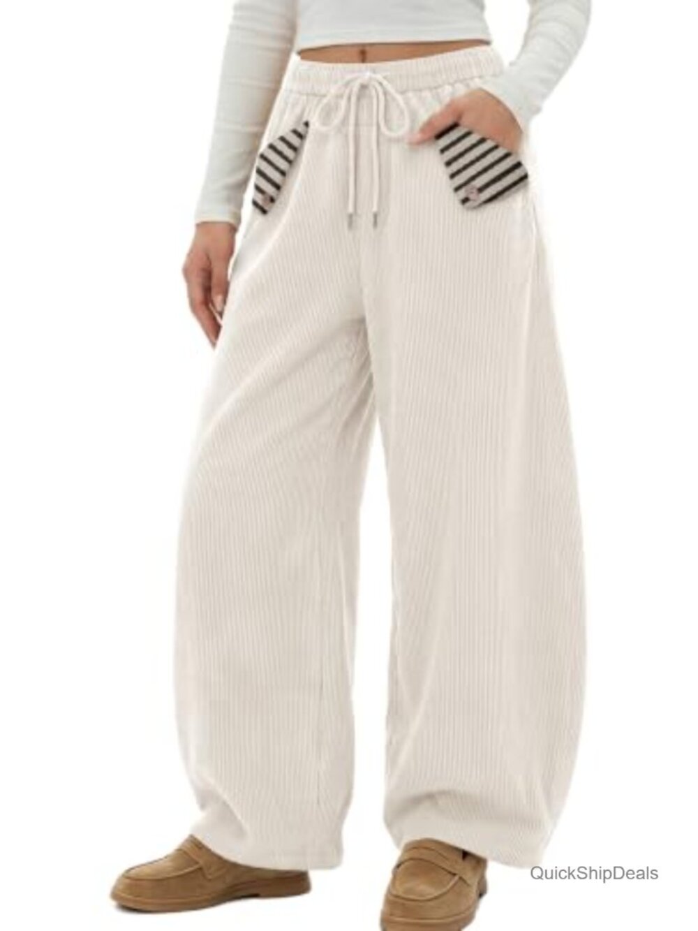 TARSE Women's Corduroy Barrel Pants Striped Patch Pockets Baggy